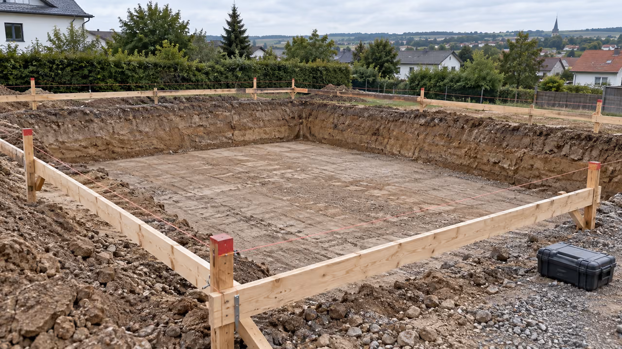 Ausgehobene Baugrube, rundherum ein Schnurgerüst aus Brettern, dahinter Hecken und Wohnhäuser