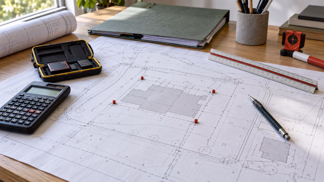 Lageplan mit Gebäudegrundriss und roten Markierungen auf dem Schreibtisch, daneben Taschenrechner, Maßstab und Stift